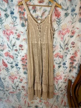 Vintage Boho Lace-Up Beige Maxi Dress